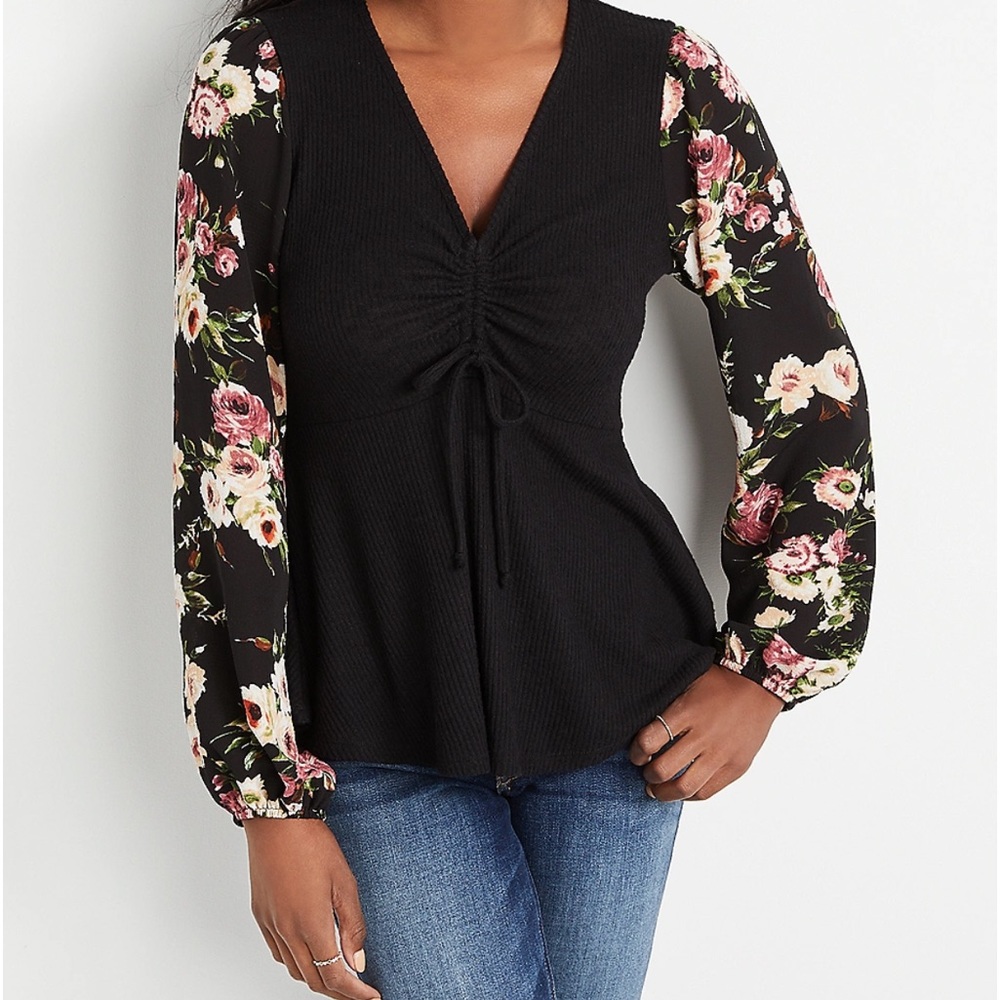 Maurice’s black/floral drawstring blouse